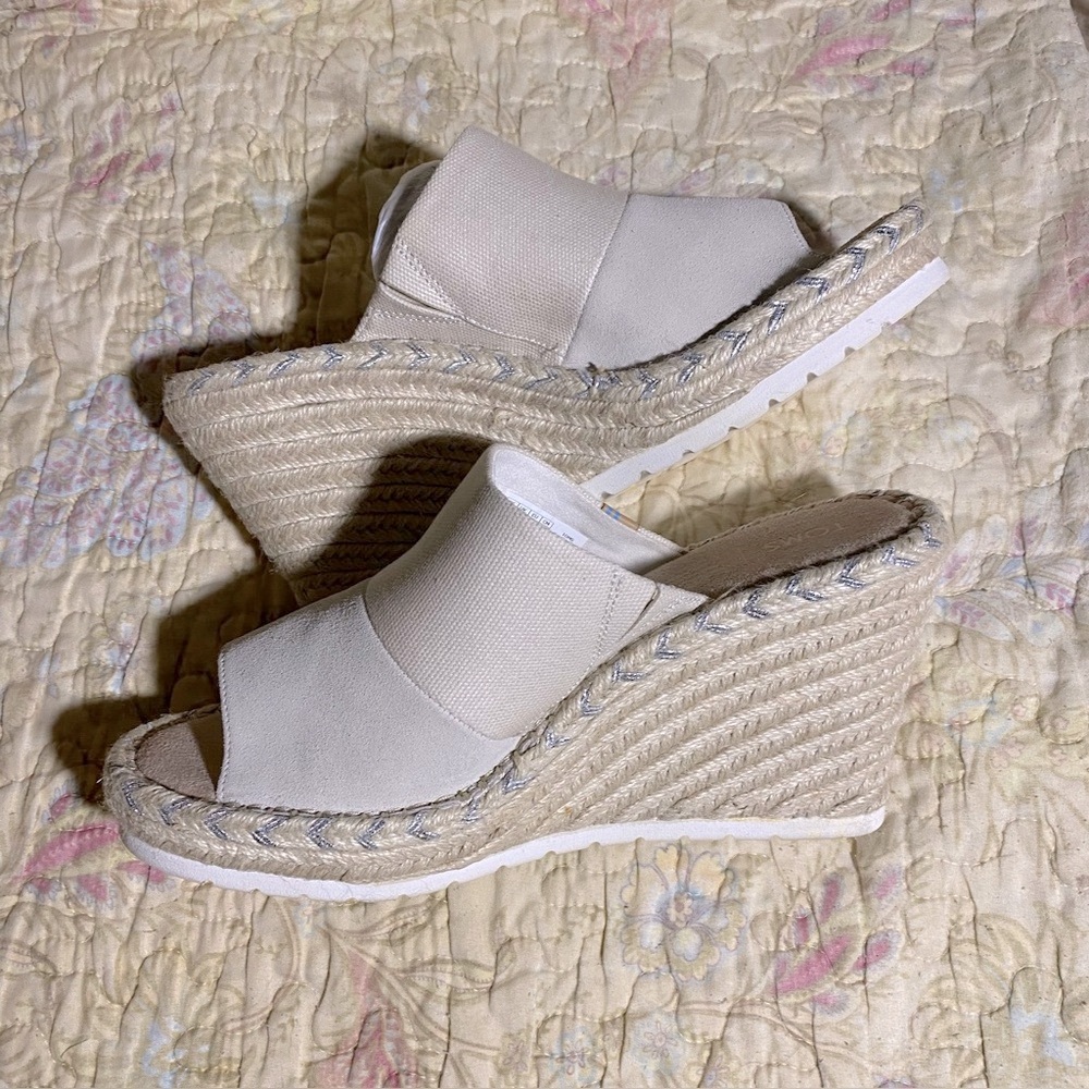 Toms White Canvas Espadrille Wedge Mules